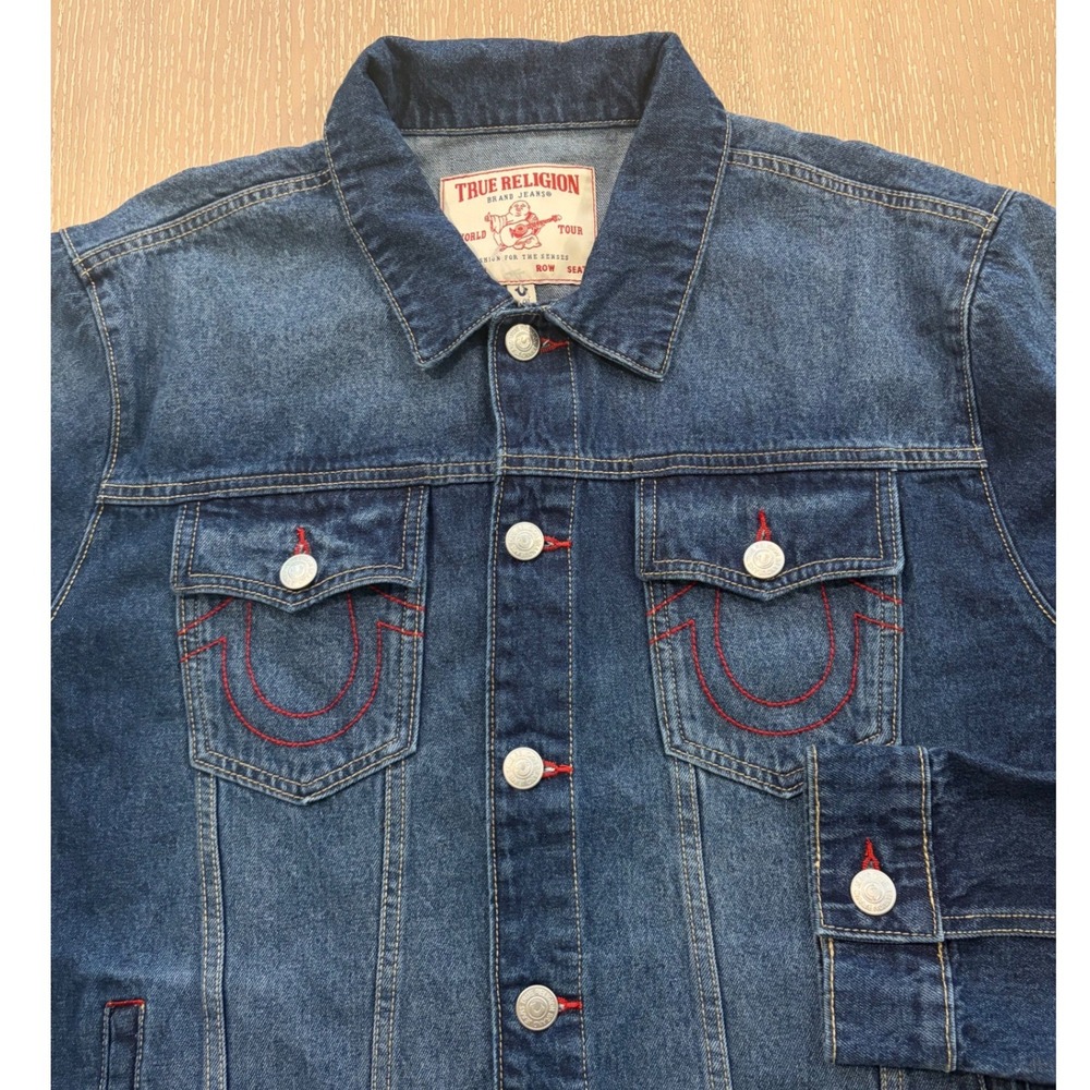 True Religion Mens Jesse Denim Trucker Jacket Dark Wash Blue Red Stitch XL